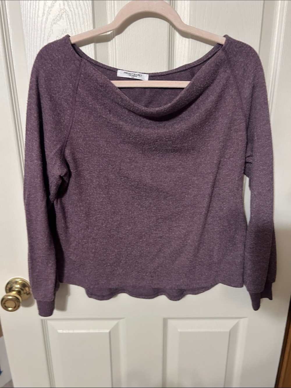 Project Social T Heathered Plum Cowl Neck Sweater off shoulder